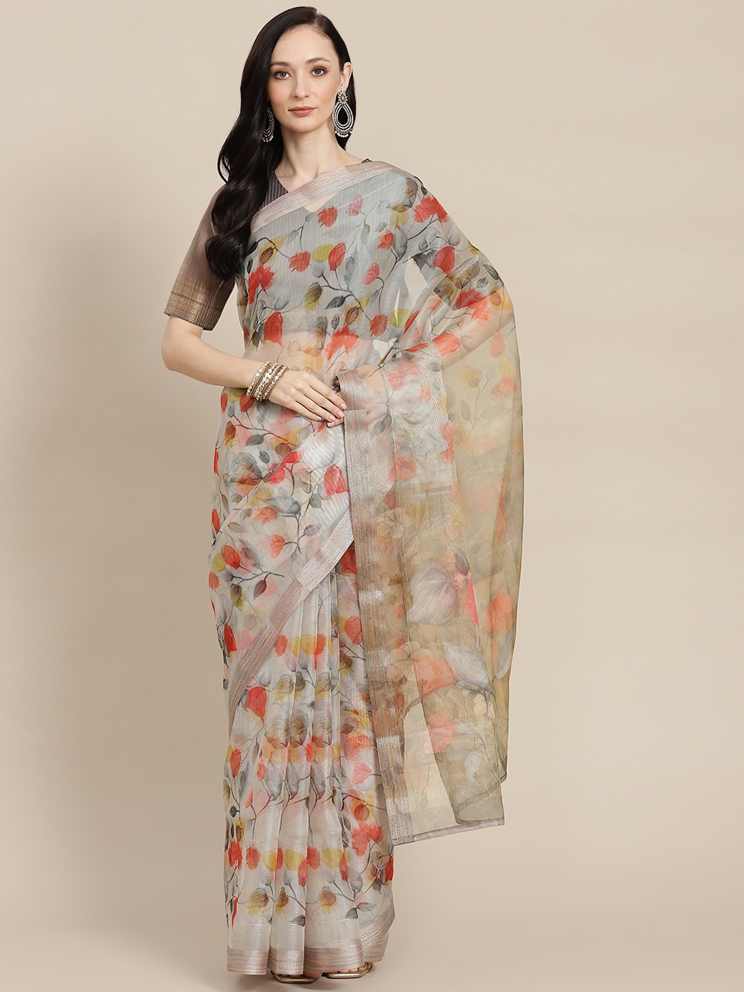 SHOPGARB Grey & Red Floral Silk Cotton Saree