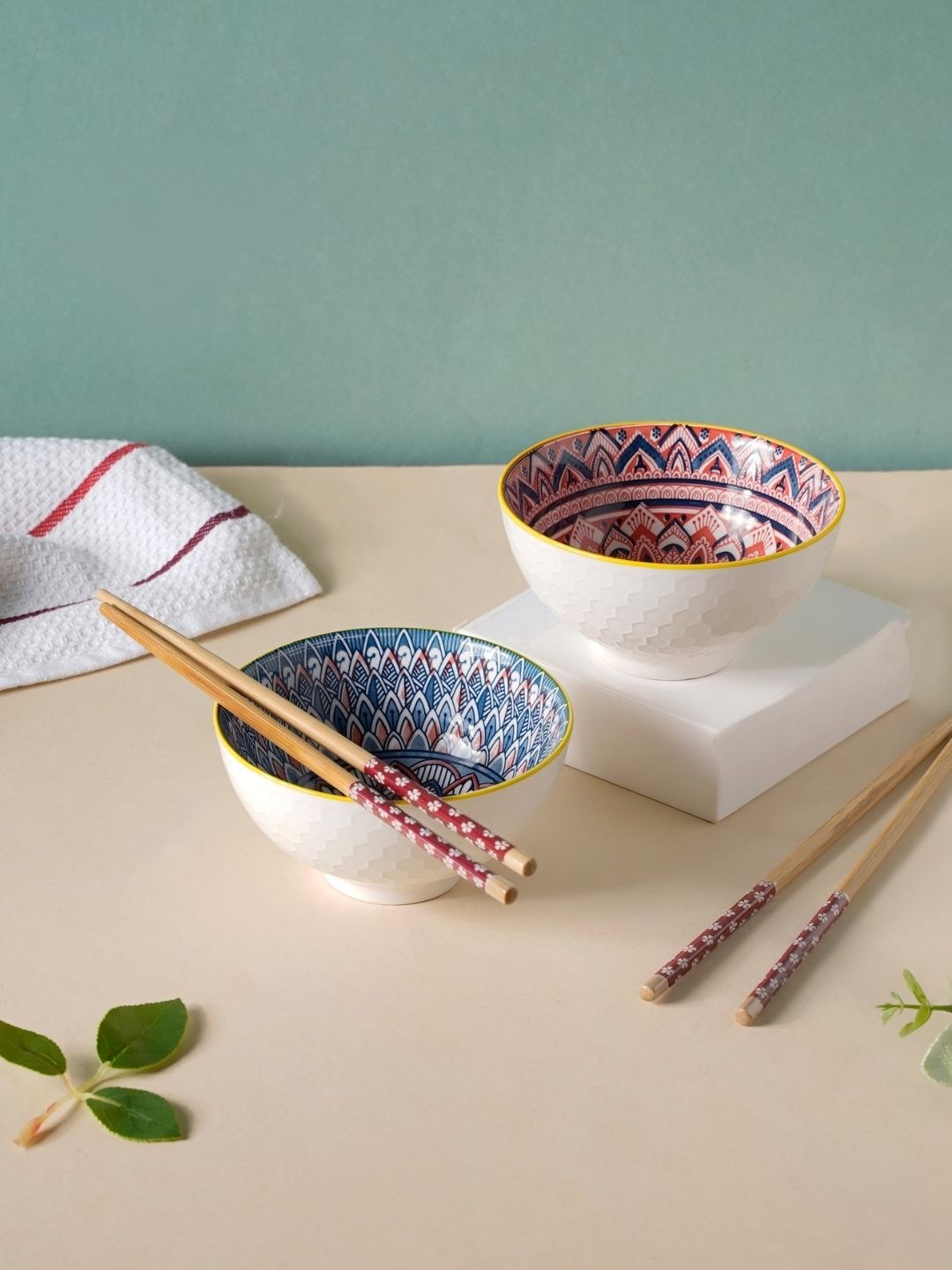 

Nestasia Pack Of 2 Printed Ceramic Glossy Bowls And Chopsticks 200 ml Each, White