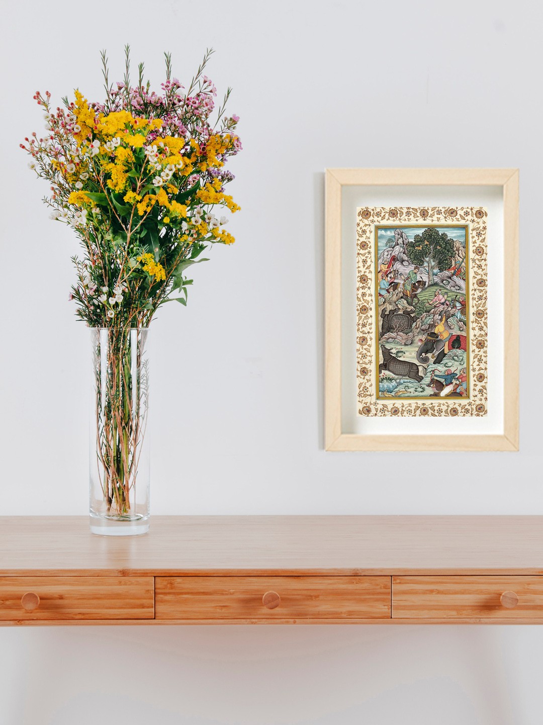 

Exotic India Grey & Green Hunting Scene Painting Wall Art, Cream
