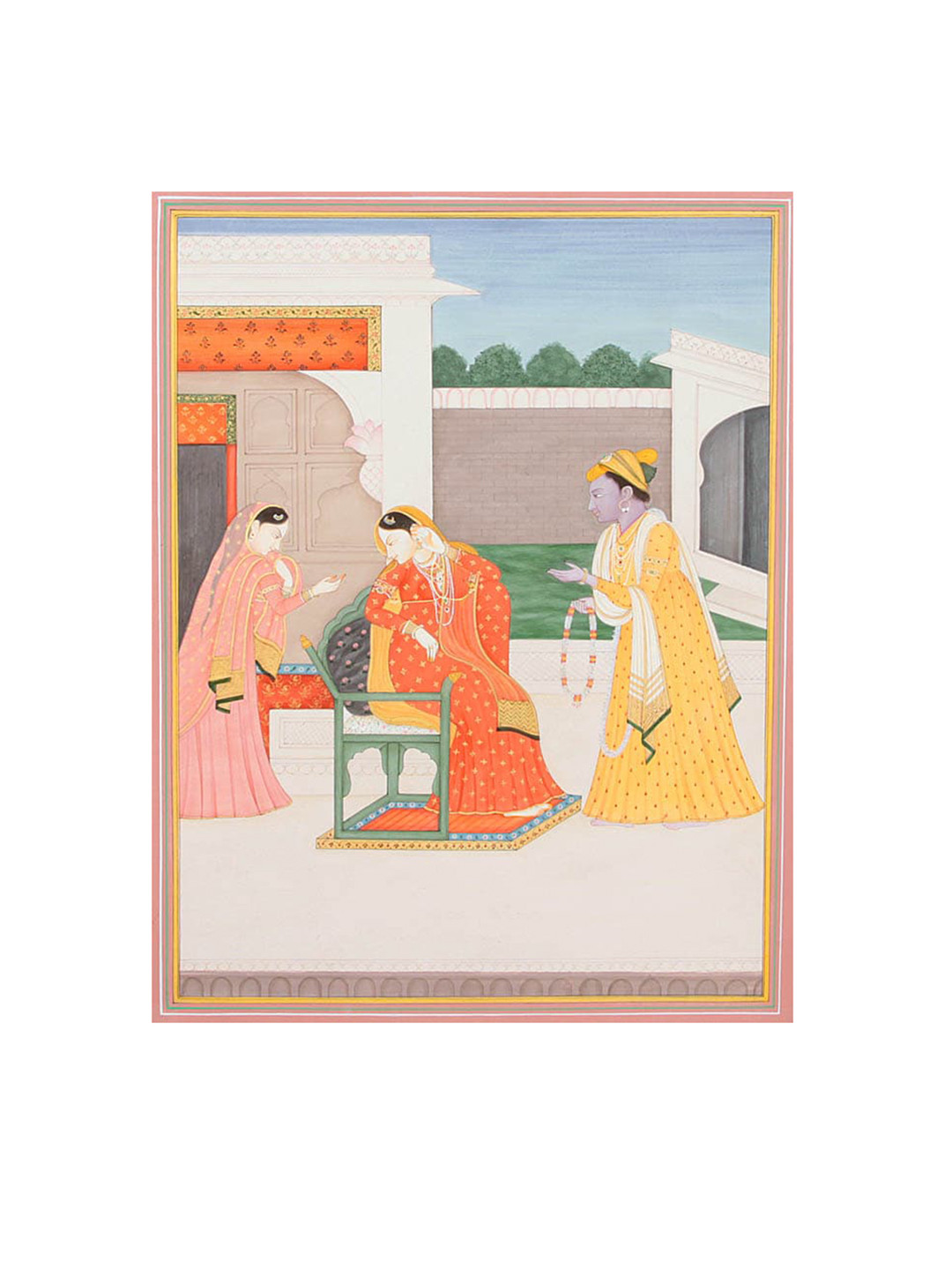 

Exotic India Krishna' Persuasion, Radha's Reluctance Watercolor Painting on Paper, Pink