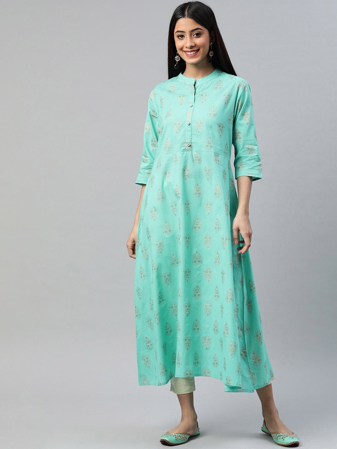 

aayusika Women Turquoise Blue & Gold Printed Cotton A-Line Kurta