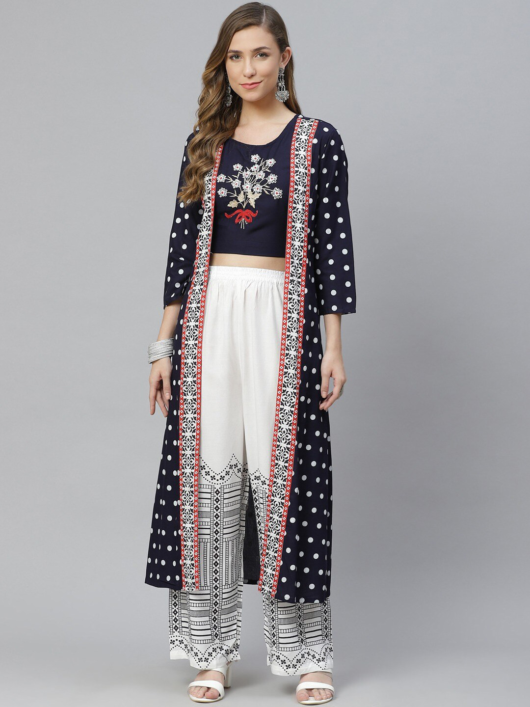 

aayusika Women Blue & White Floral Embroidered Top with Palazzos & With Jacket