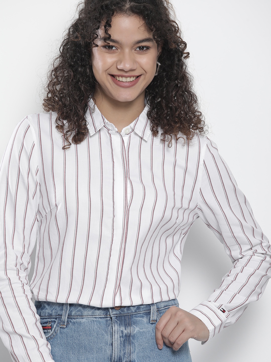

Tommy Hilfiger Women White %Red Striped Pure Cotton Casual Shirt