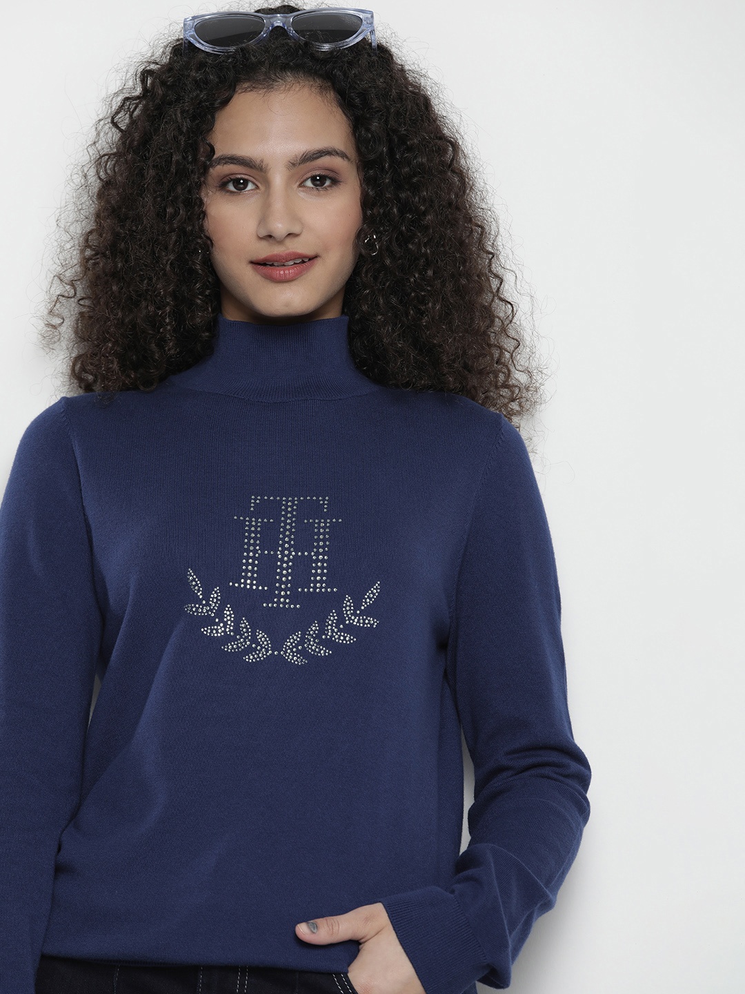 

Tommy Hilfiger Women Blue Mock-Collar Pullover Sweater with Embellished Detail