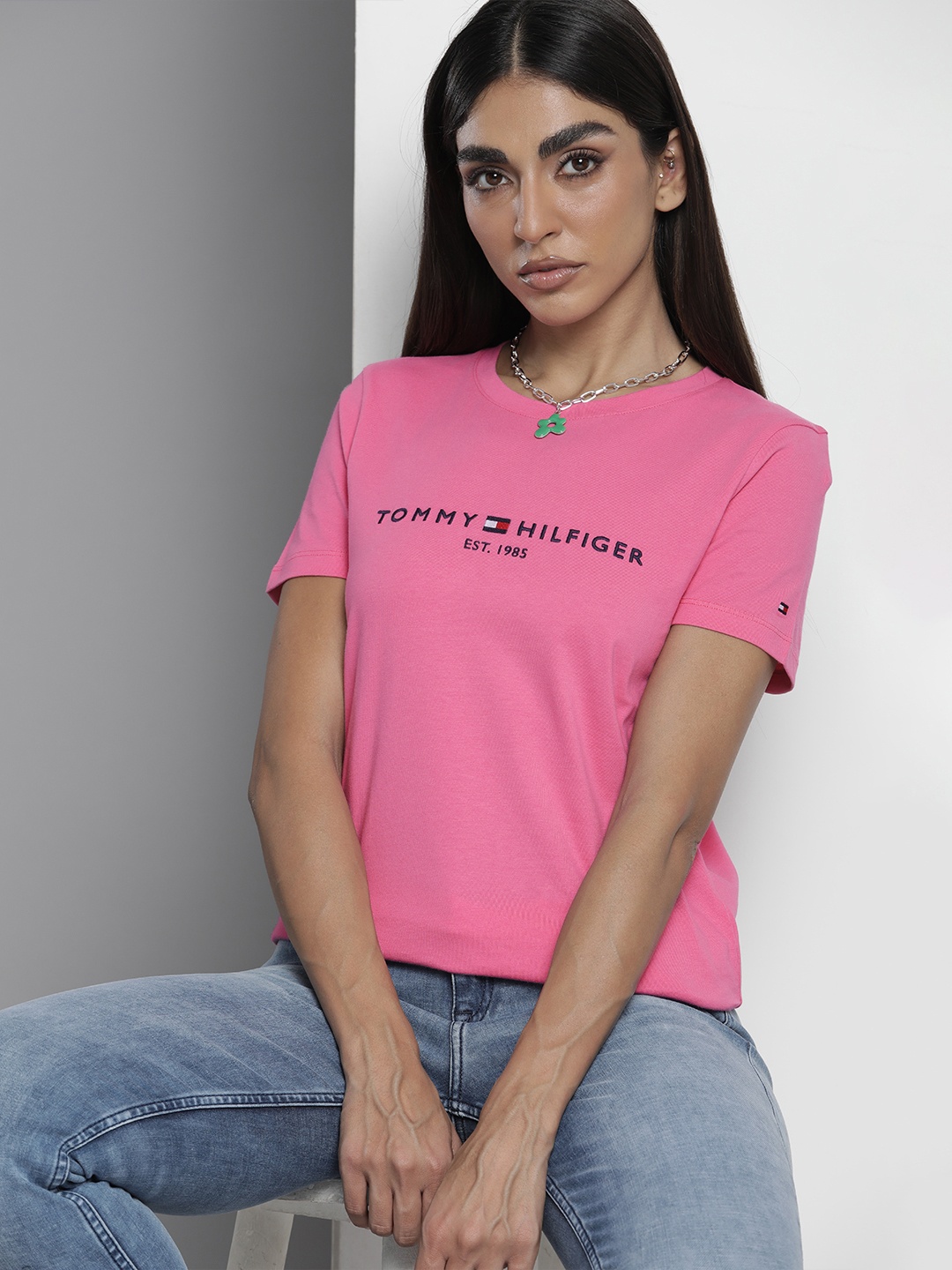 

Tommy Hilfiger Women Pink Brand Logo Embroidered Pure Cotton Solid T-shirt