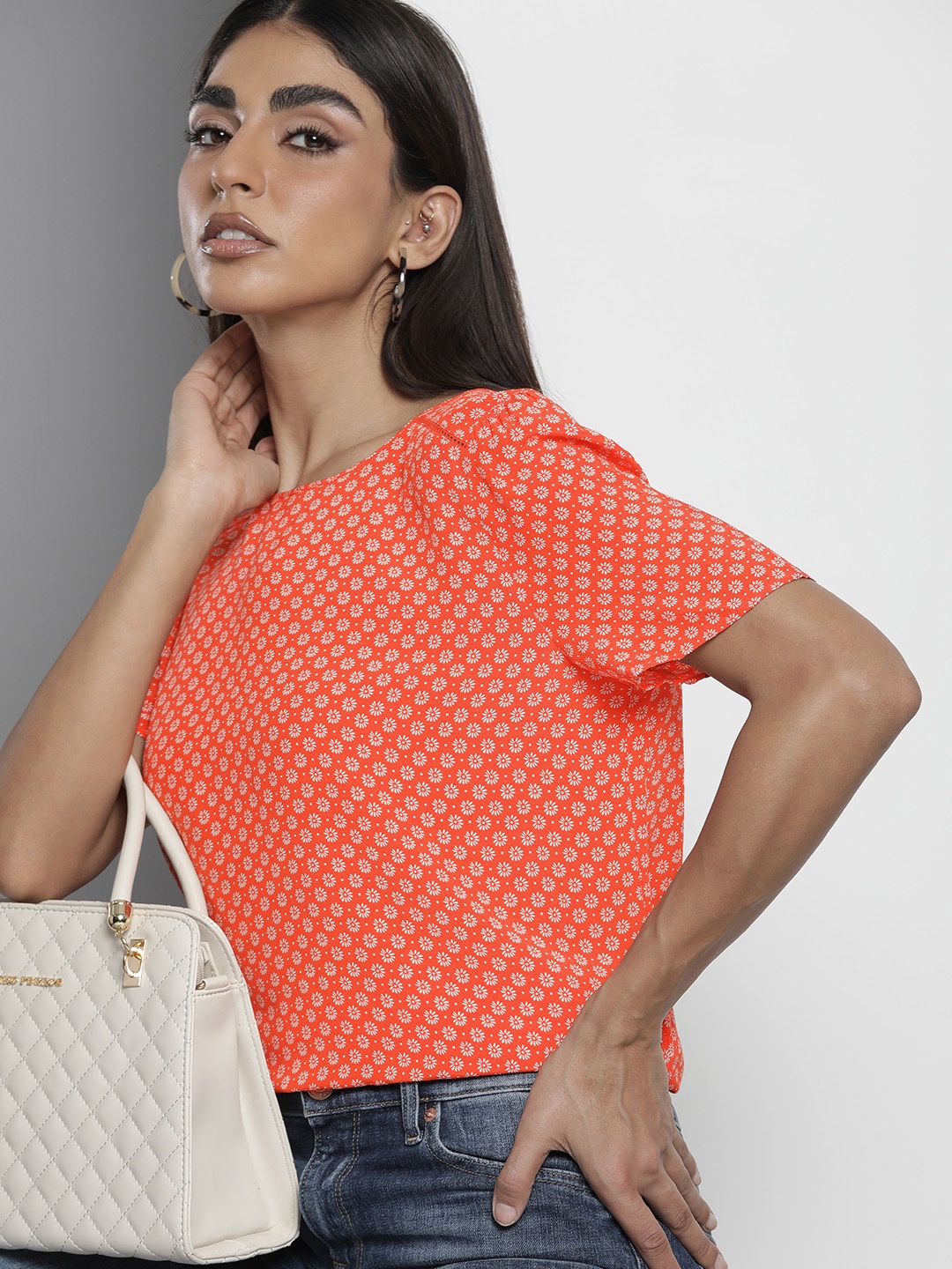

Tommy Hilfiger Women Orange & White Floral Print Top
