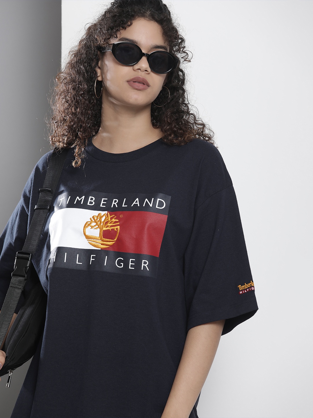 

Tommy Hilfiger Women Navy Blue Brand Logo Printed Extended Sleeves Pure Cotton T-shirt