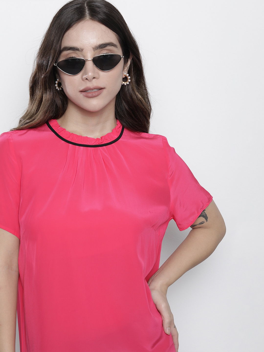 

Tommy Hilfiger Women Pink Solid Blouson Top With Tie-Up Detail
