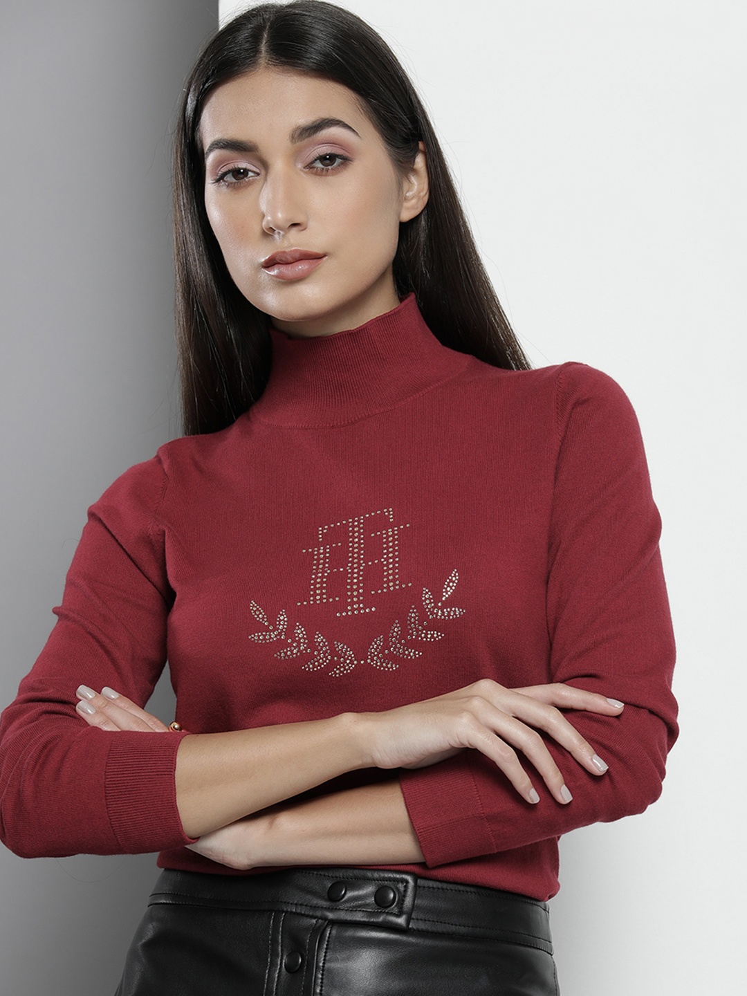

Tommy Hilfiger Women Maroon Logo Embellished Pullover