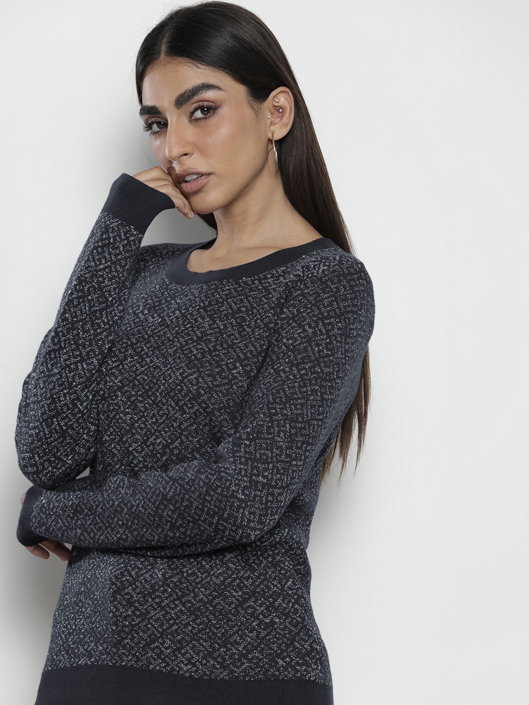 

Tommy Hilfiger Women Navy Blue & Silver-Toned Embroidered Shimmery Pullover Sweater