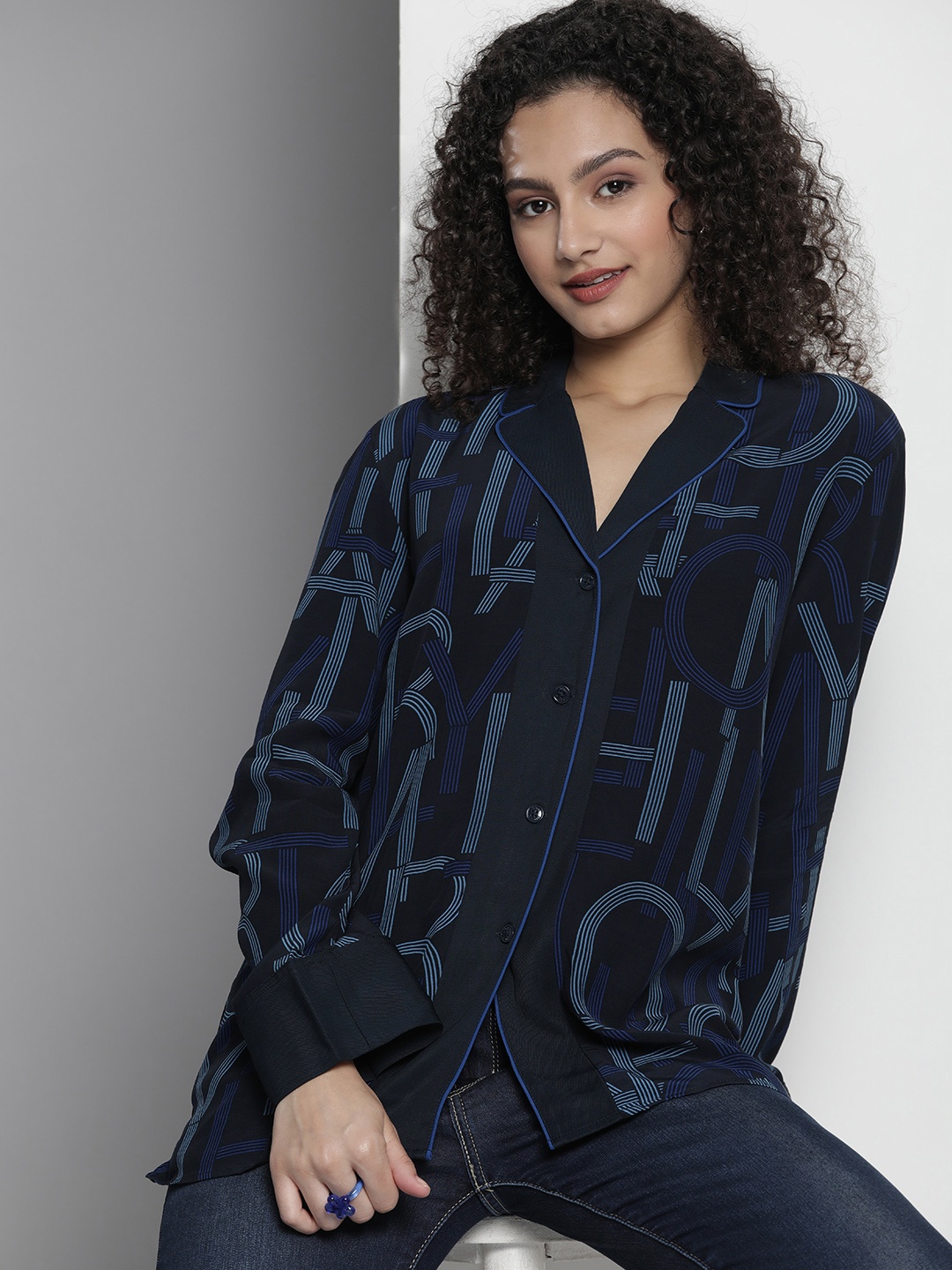 

Tommy Hilfiger Women Navy Blue Typography Printed Casual Shirt