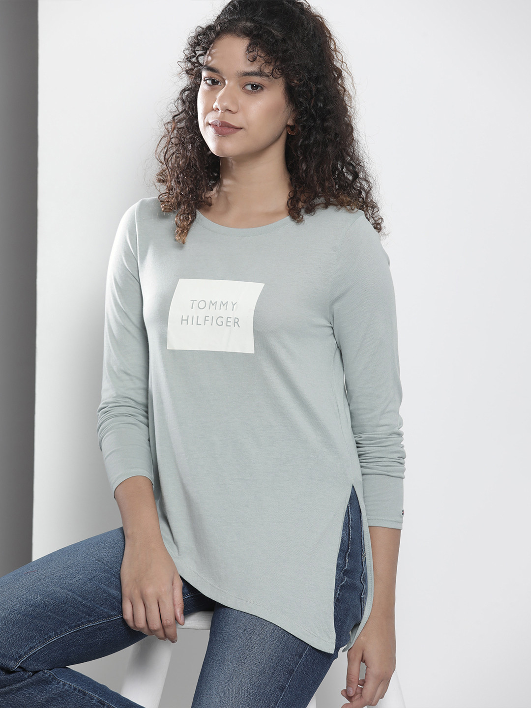 

Tommy Hilfiger Women Grey Brand Logo Printed Full Sleeve T-shirt