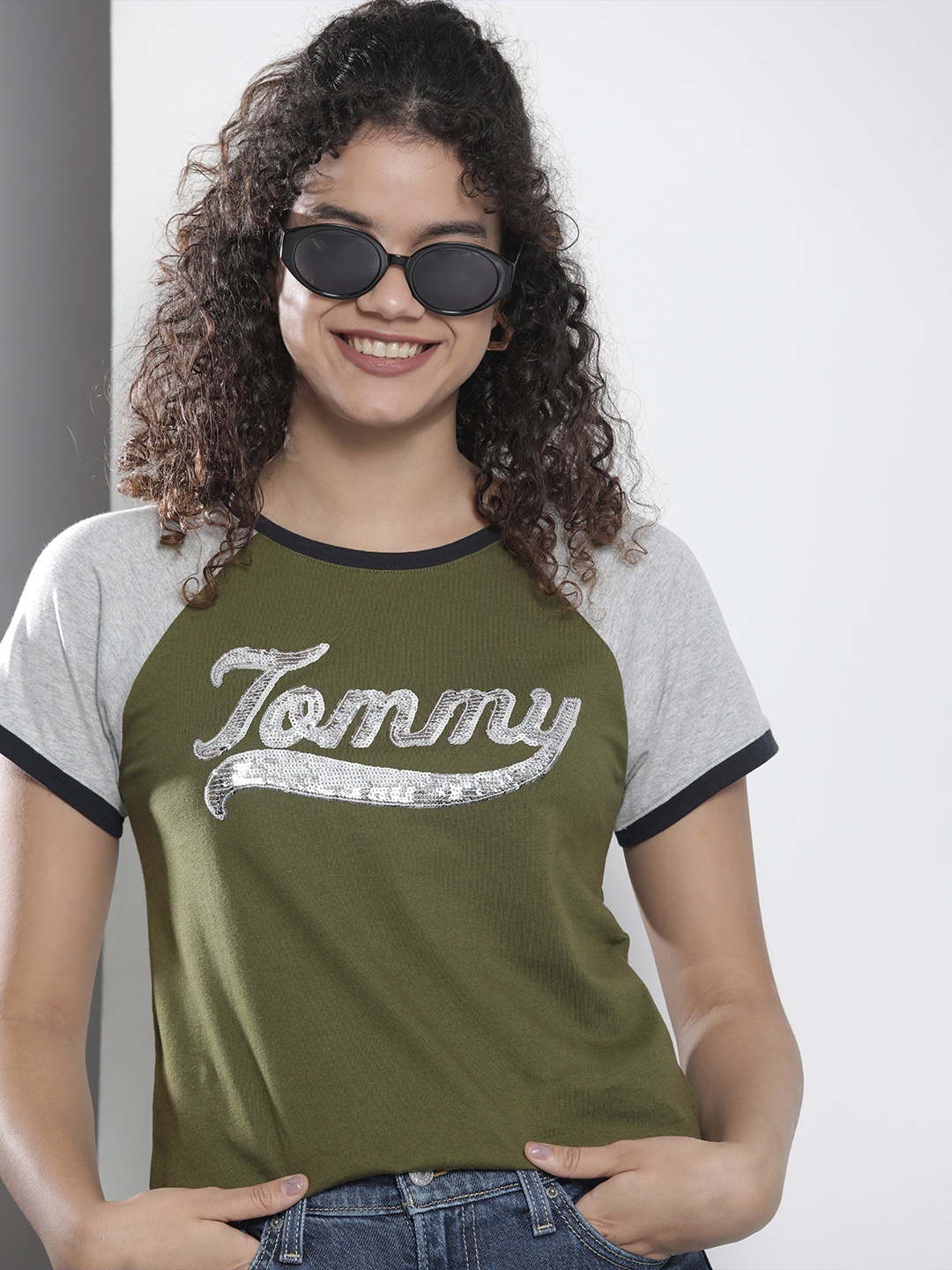 

Tommy Hilfiger Women Green & Grey Brand Logo Sequin Embroidered Pure Cotton T-shirt