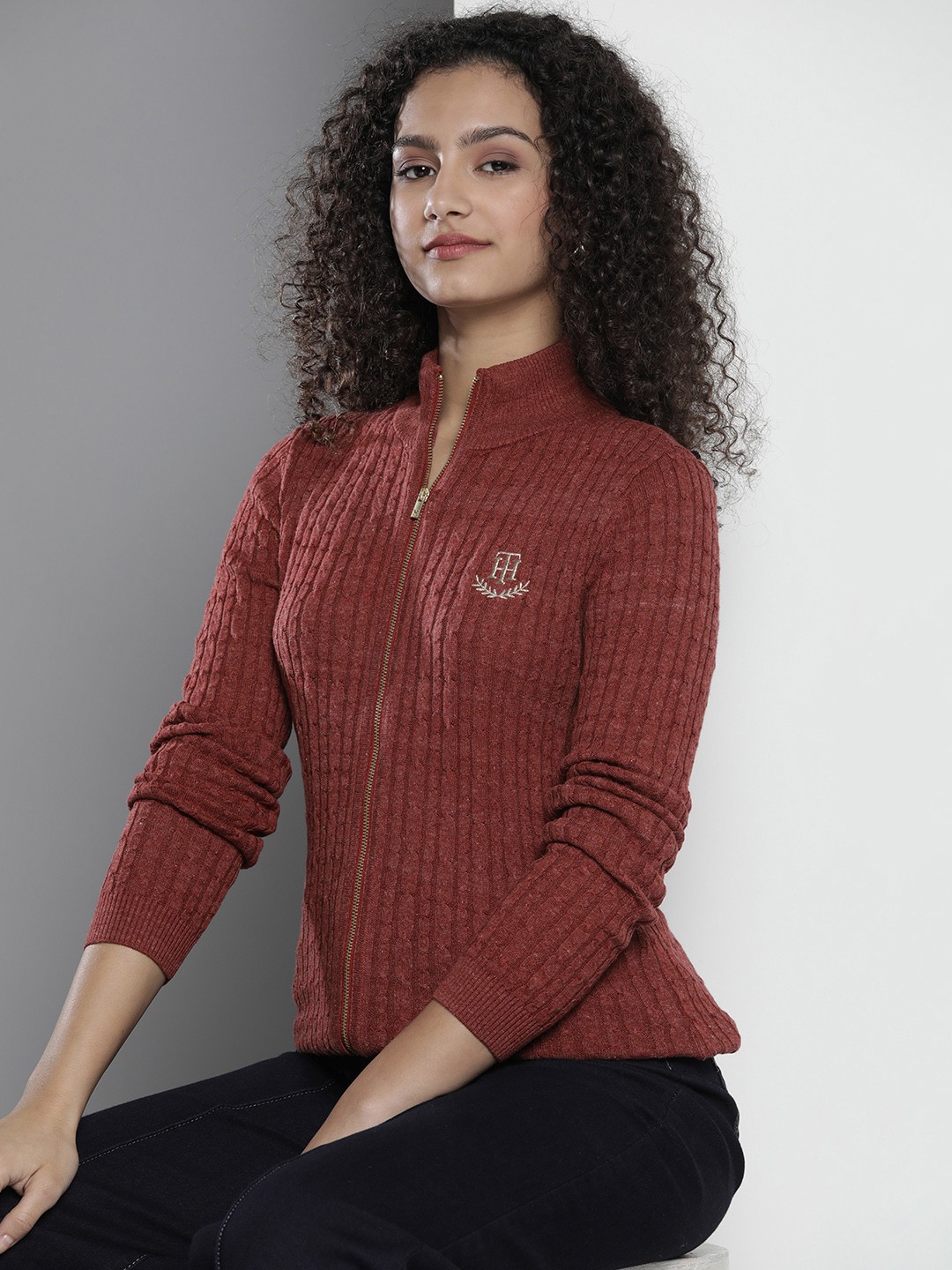

Tommy Hilfiger Women Maroon Cable Knit Pure Cotton Cardigan Sweater