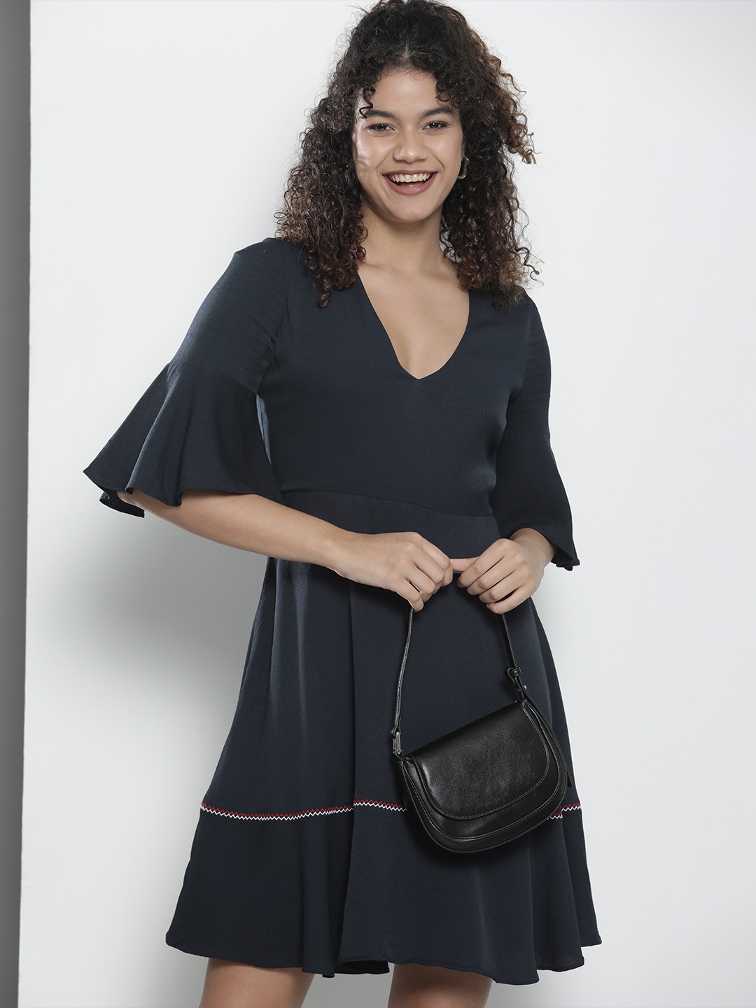 

Tommy Hilfiger Navy Blue Solid V-Neck Bell Sleeves Ruffles Indigo Fit & Flare Dress
