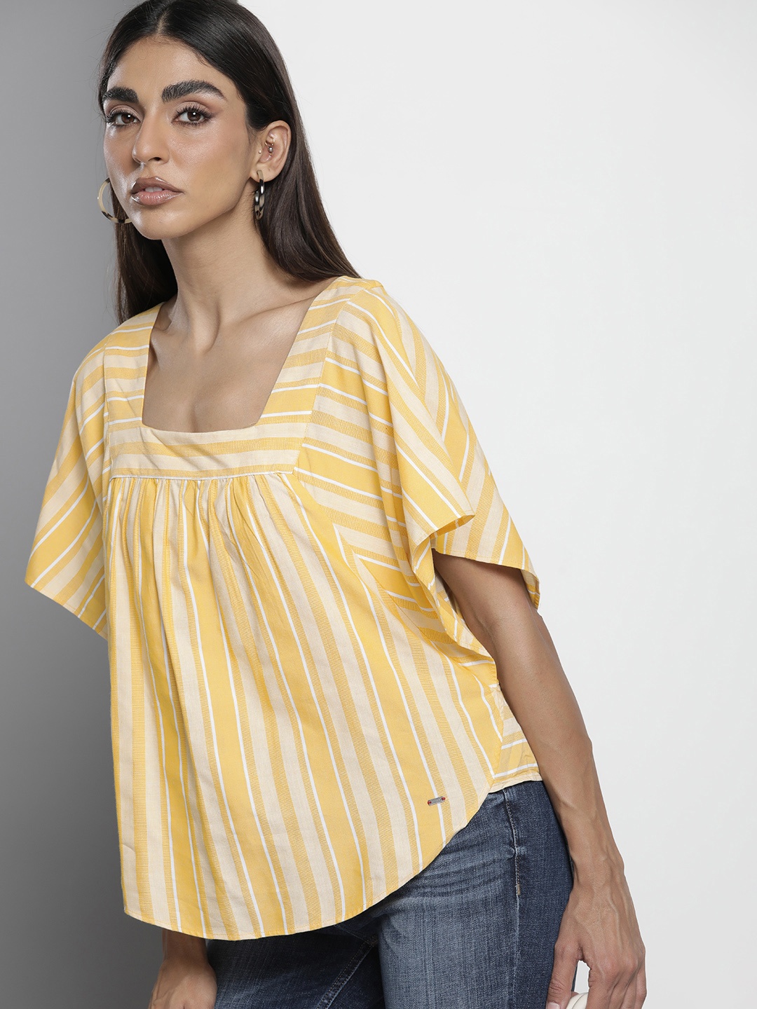 

Tommy Hilfiger Women Yellow & White Striped Kaftan Top