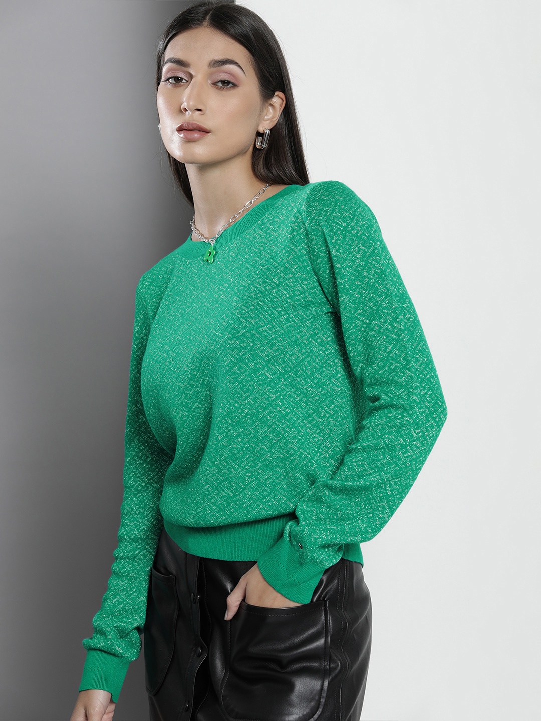 

Tommy Hilfiger Women Green Self Design Pullover