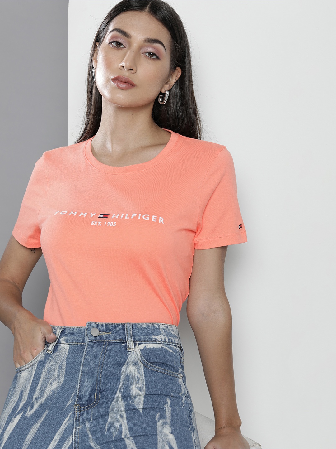 

Tommy Hilfiger Women Coral Orange Brand Logo Embroidered Pure Cotton T-shirt