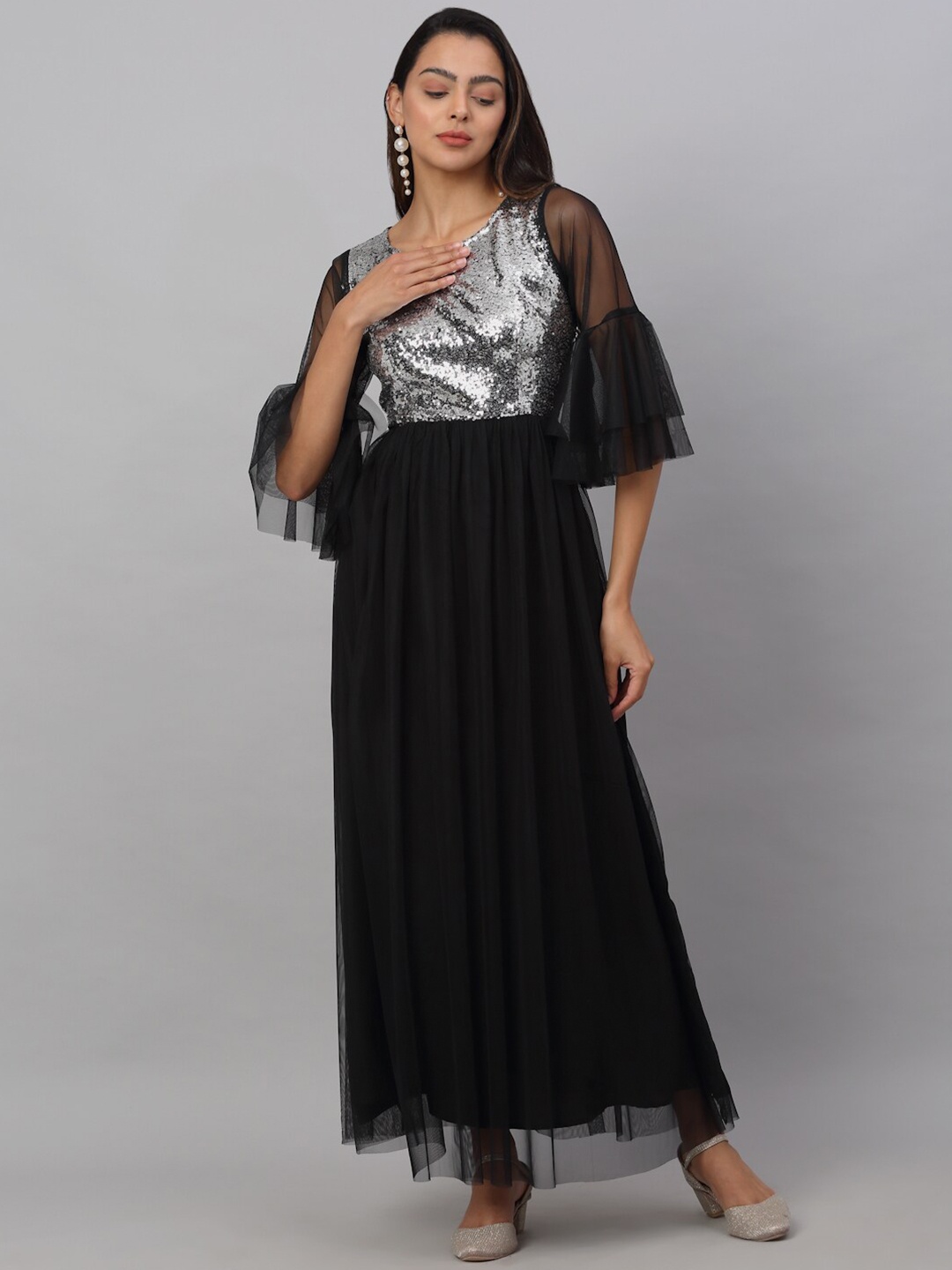 

NEUDIS Women Black Embellished Net Maxi Dress