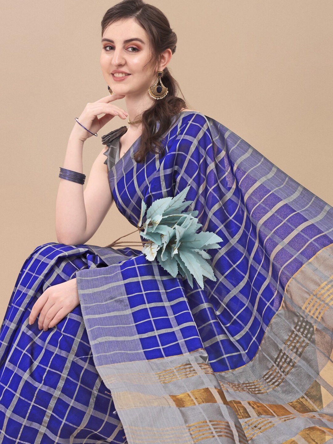 

KALINI Cotton Blend Checked Saree, Navy blue