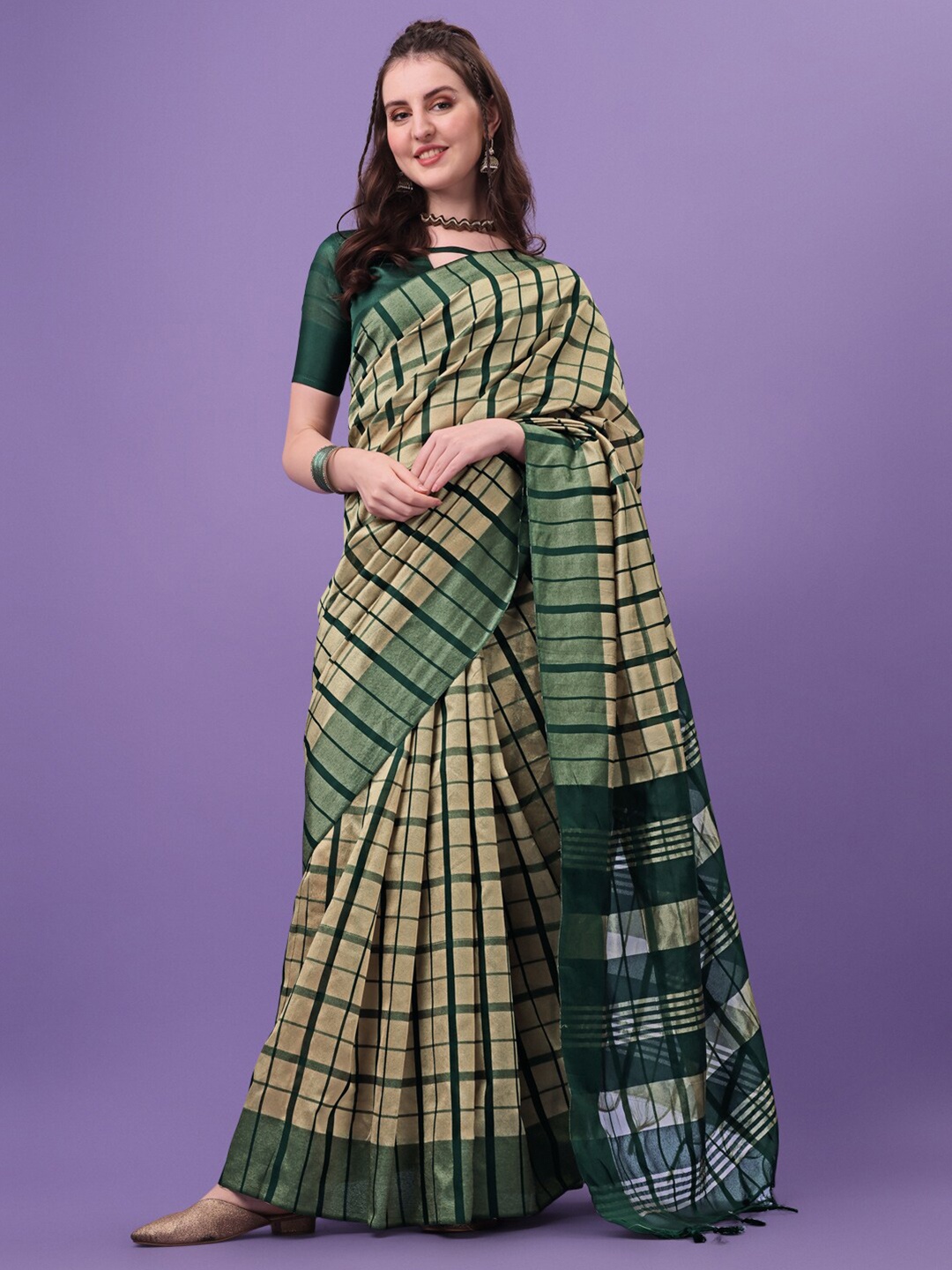 

KALINI Green & Beige Cotton Blend Checked Saree