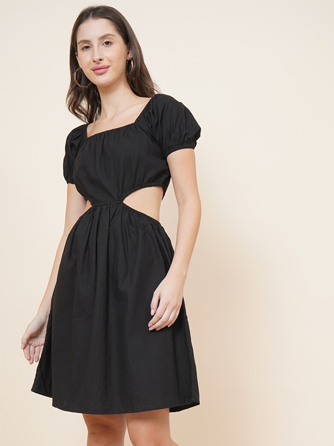 

DressBerry Black Puff Sleeve Cut-Out Pure Cotton Dress