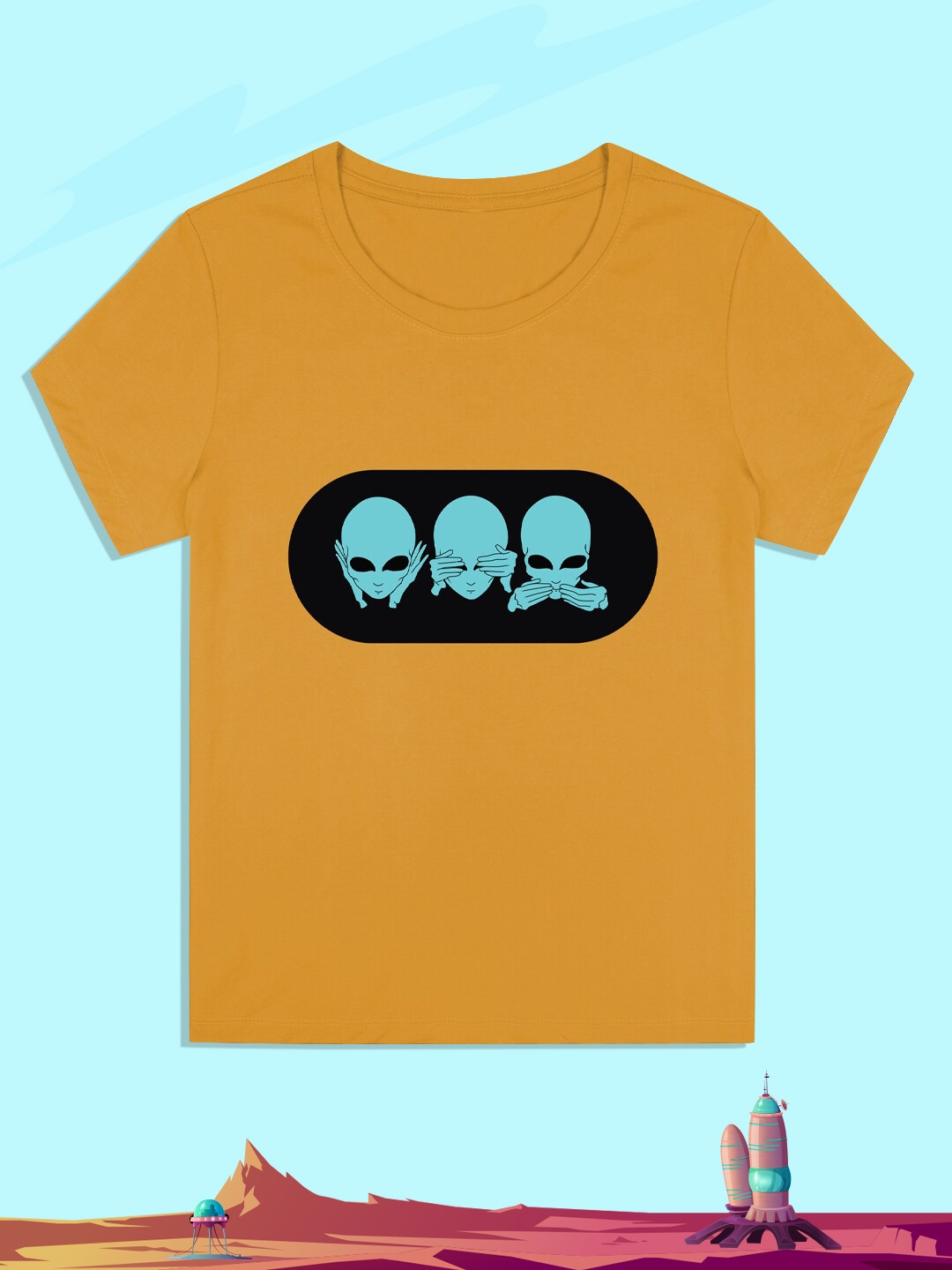 

RCPL Bad Monkey Kids Mustard Yellow Alien Printed Slim Fit T-shirt