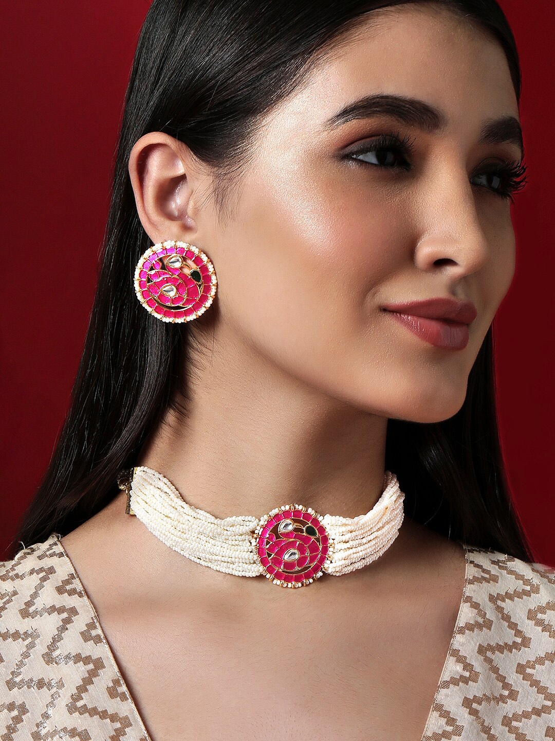 

Rubans Gold Plated Pink & White Enamelled Beaded Jewellery Set