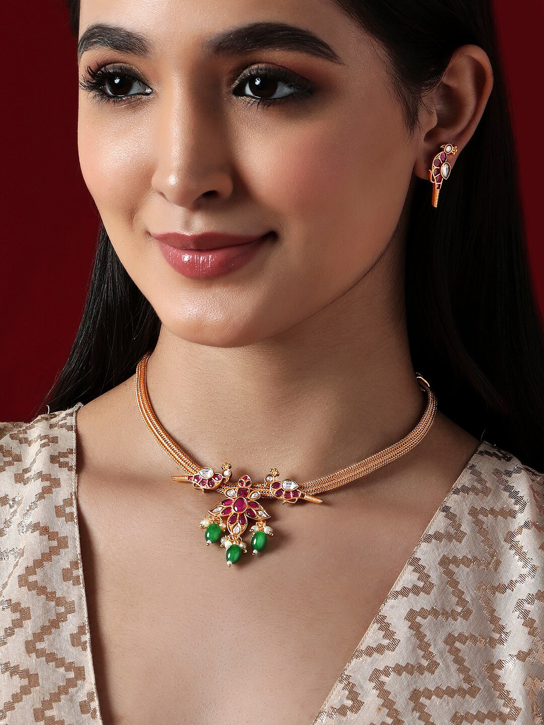 

Rubans 24K Gold Plated & Pink Artificial Stones and Beads-Studded Jewellery Set