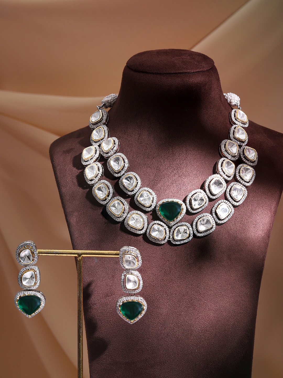 

Rubans Silver-Plated White & Green Stone-Studded Polki Layered Jewellery Set