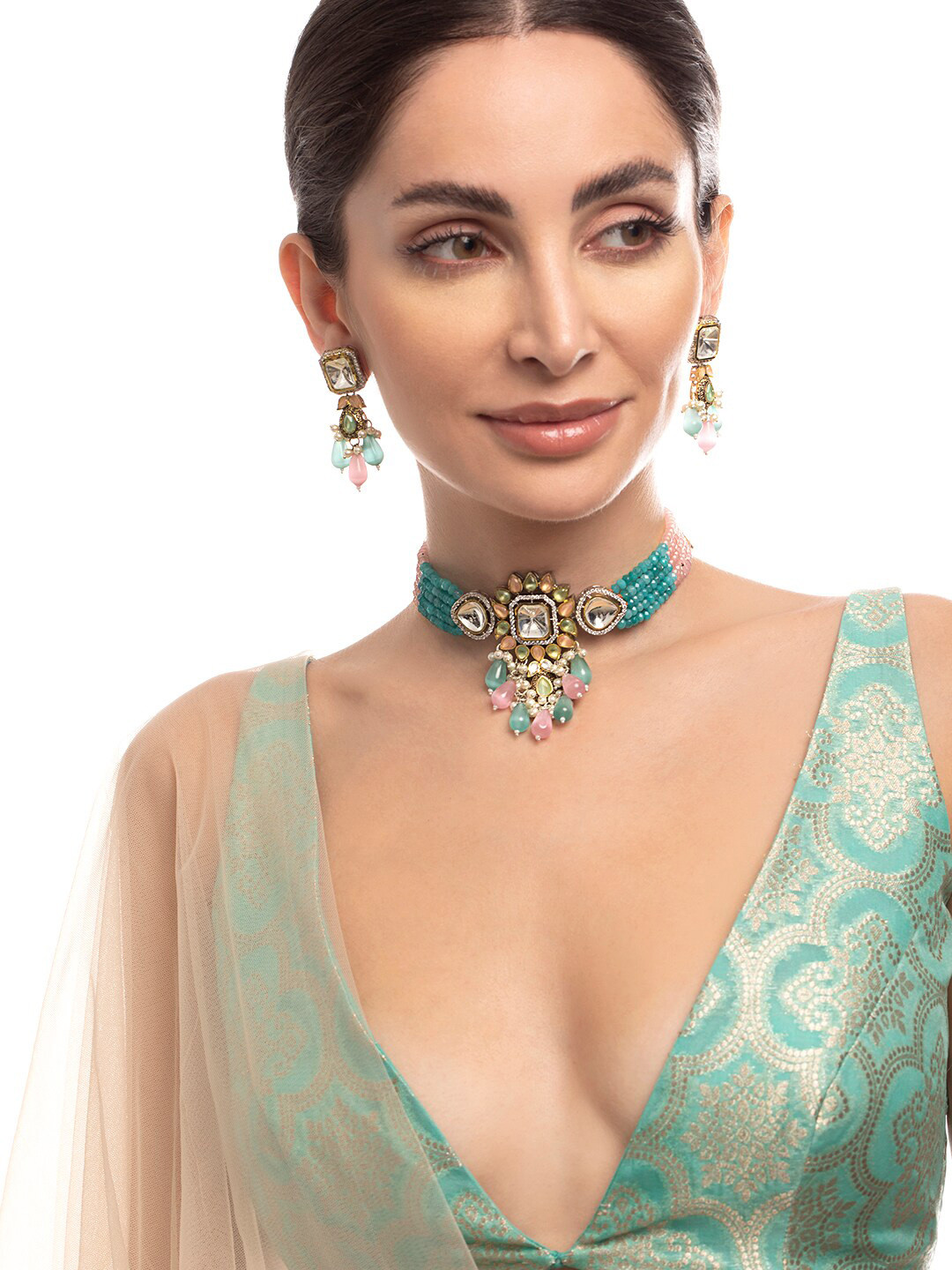 

Rubans Gold-Plated Pink & Blue Kundan-Studded & Beaded Jewellery Set