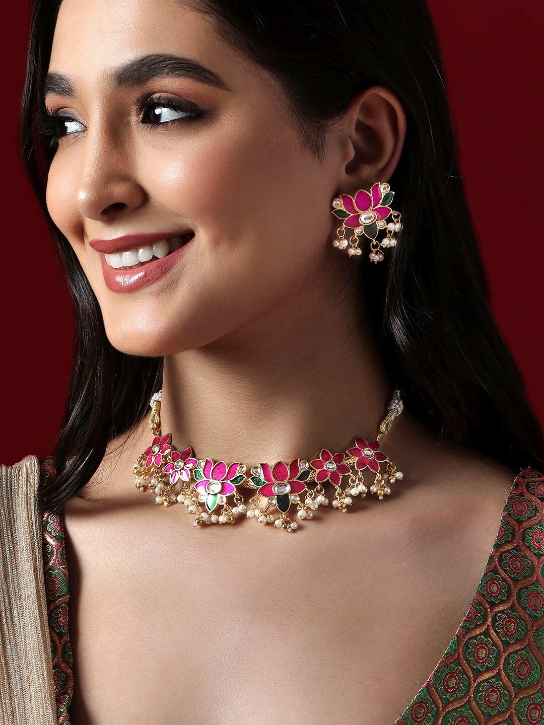 

Rubans Gold-Plated & Toned Pink & Green Enamelled Jewellery Set