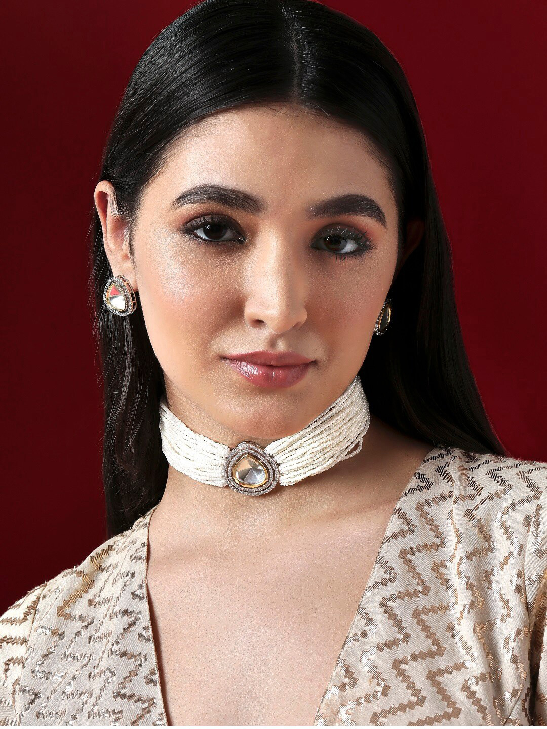 

Rubans Gold-Plated White AD-Studded & Beaded Polki Jewellery Set, Silver