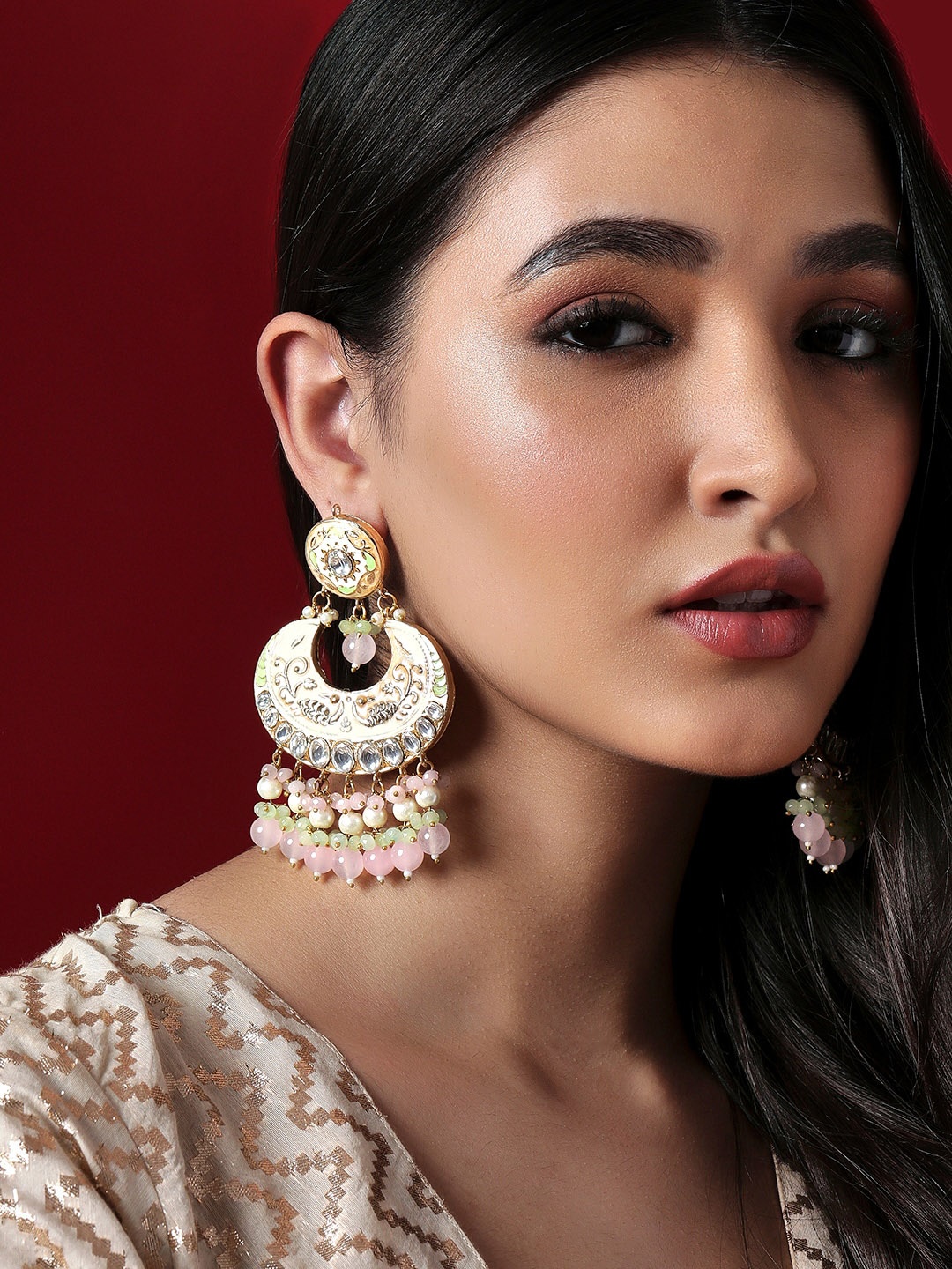 

Rubans Enamelled Crescent Shaped Chandbalis Earrings, Gold
