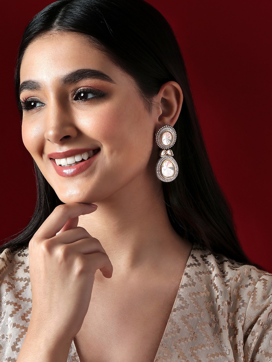 

Rubans Kundan And American Diamond Studded Geometric Drop Earrings, Silver