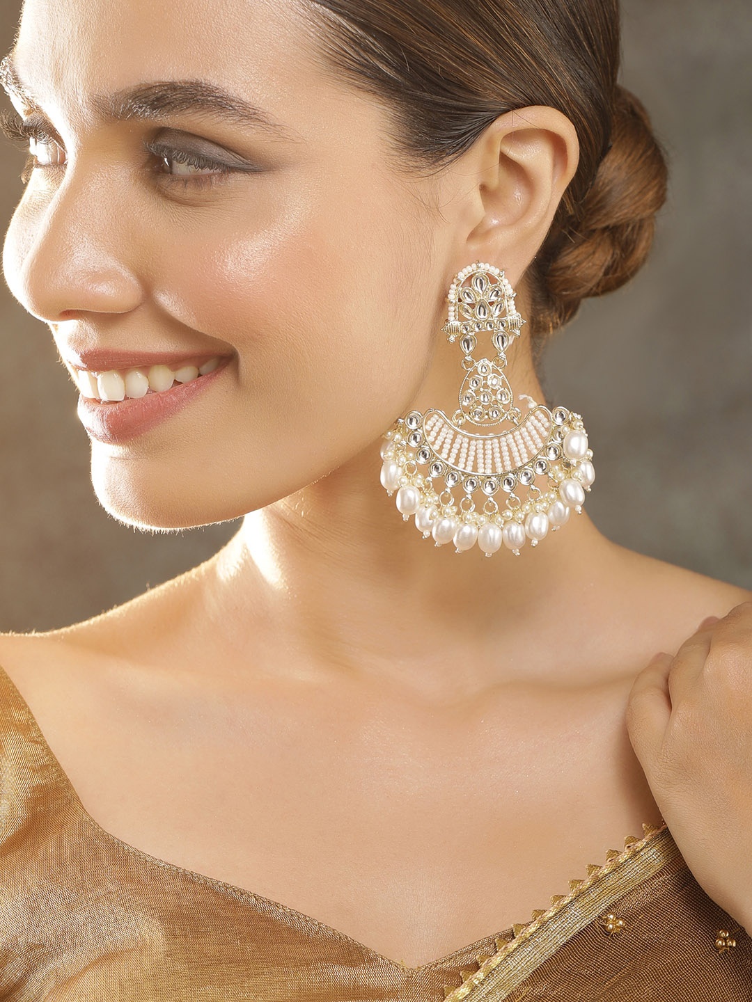 

Rubans 22K Gold Plated Kundan Studded & Pearl Beaded Handcrafted Chandbali Earrings
