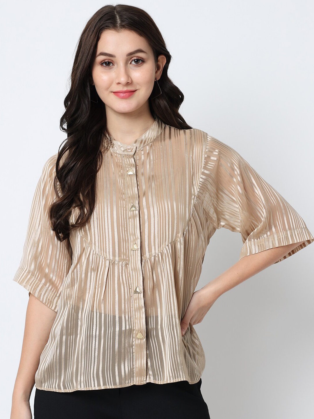 

CHARMGAL Women Gold-Toned Vertical Striped Mandarin Collar Satin Top