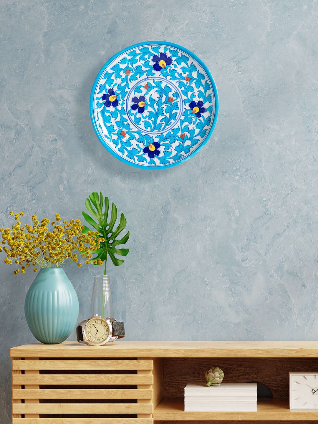 

Golden Peacock Turquoise Blue Floral Design Hand-Painted Wall Plated Decor