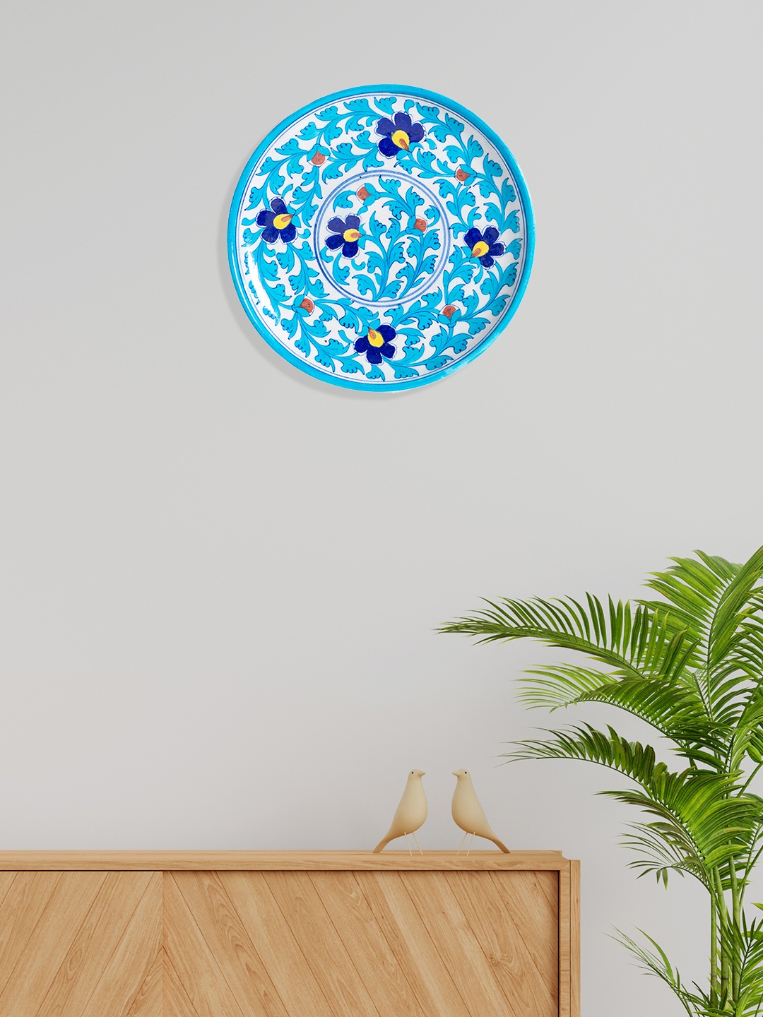 

Golden Peacock Turquoise Blue & White Handpainted Pottery Floral Design Wall Plate