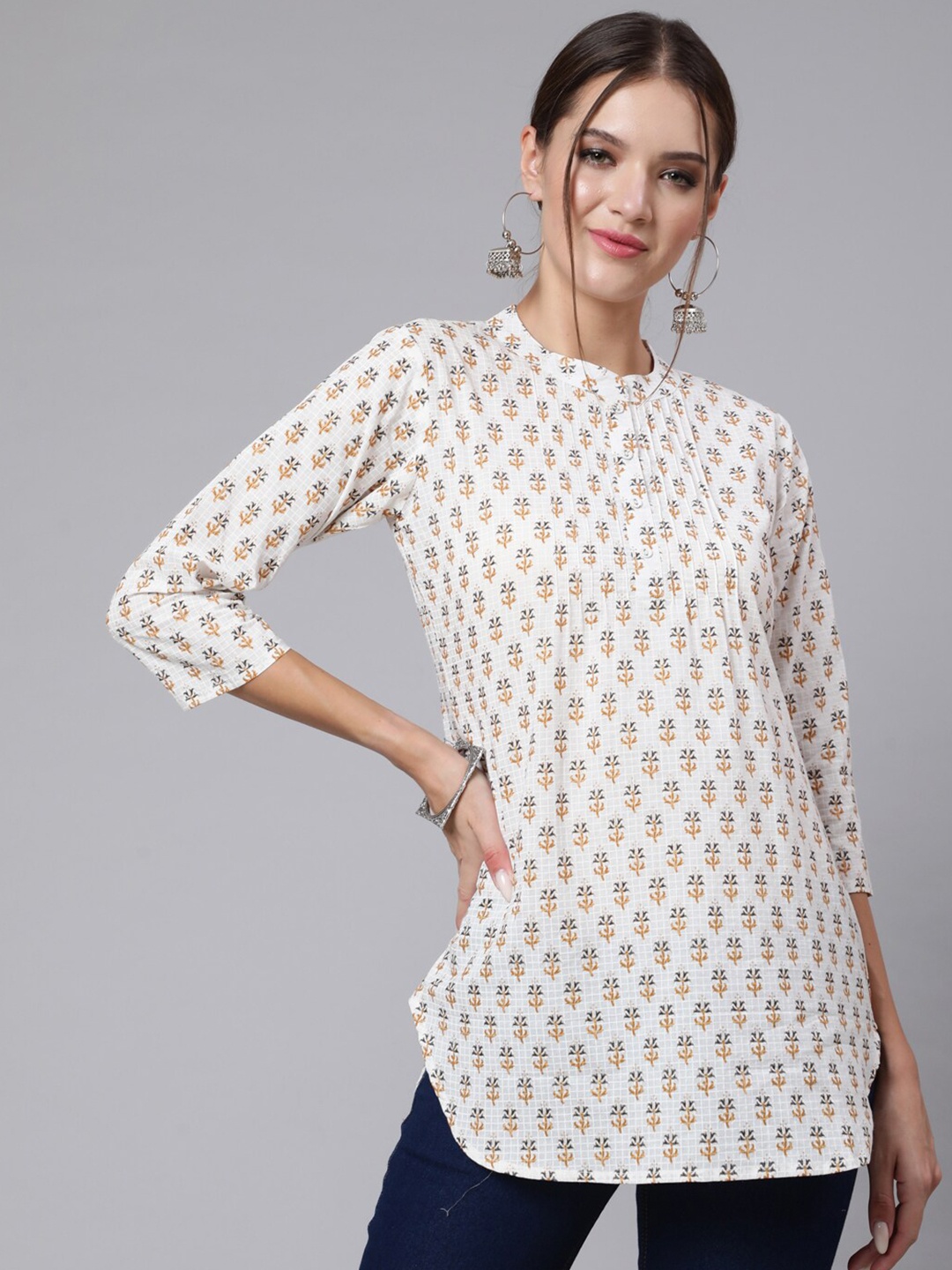 

Nayo Off Women Printed Round Neck Three Quarter Sleeves Tunic, Off white