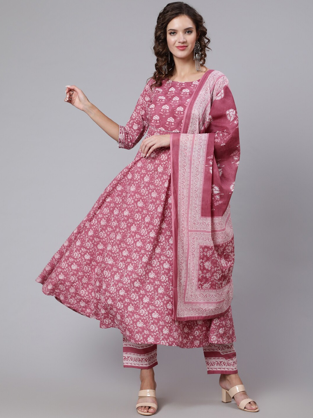 

Nayo Women Pink Ethnic Motifs Printed Pure Cotton Kurta with Trousers & With Dupatta