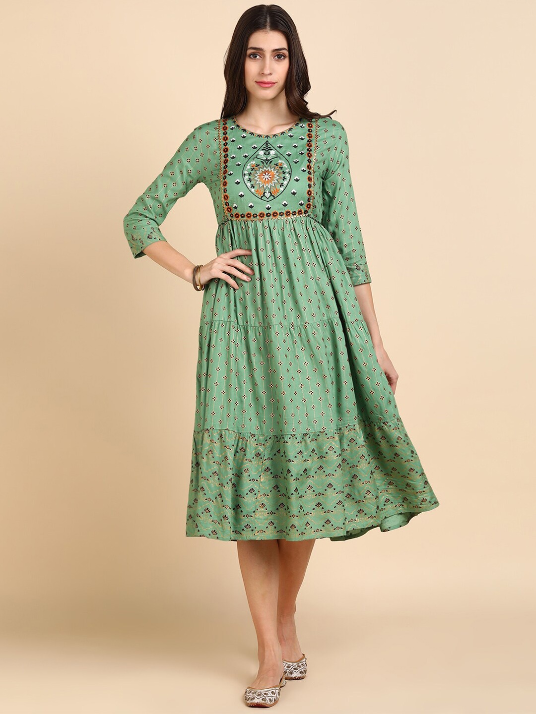 

Jaipur Folk Women Green Ethnic Motifs Embroidered Thread Work Dress
