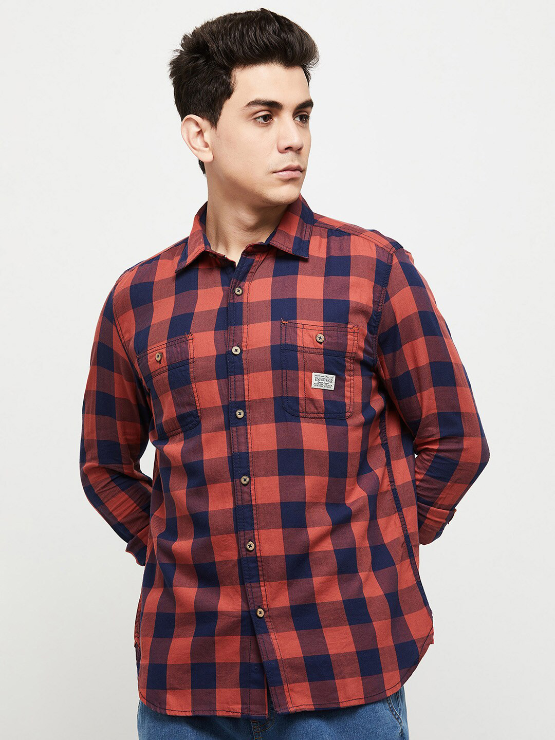 

max Men Red Buffalo Checks Checked Casual Shirt