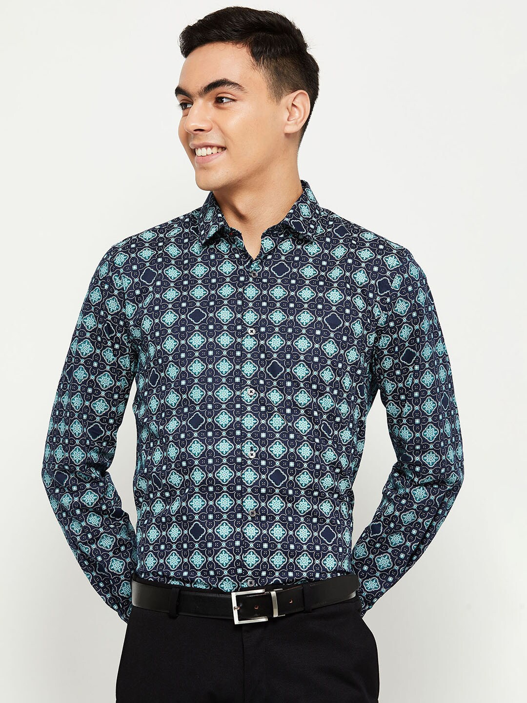 

max Men Blue Printed Pure Cotton Formal Shirt