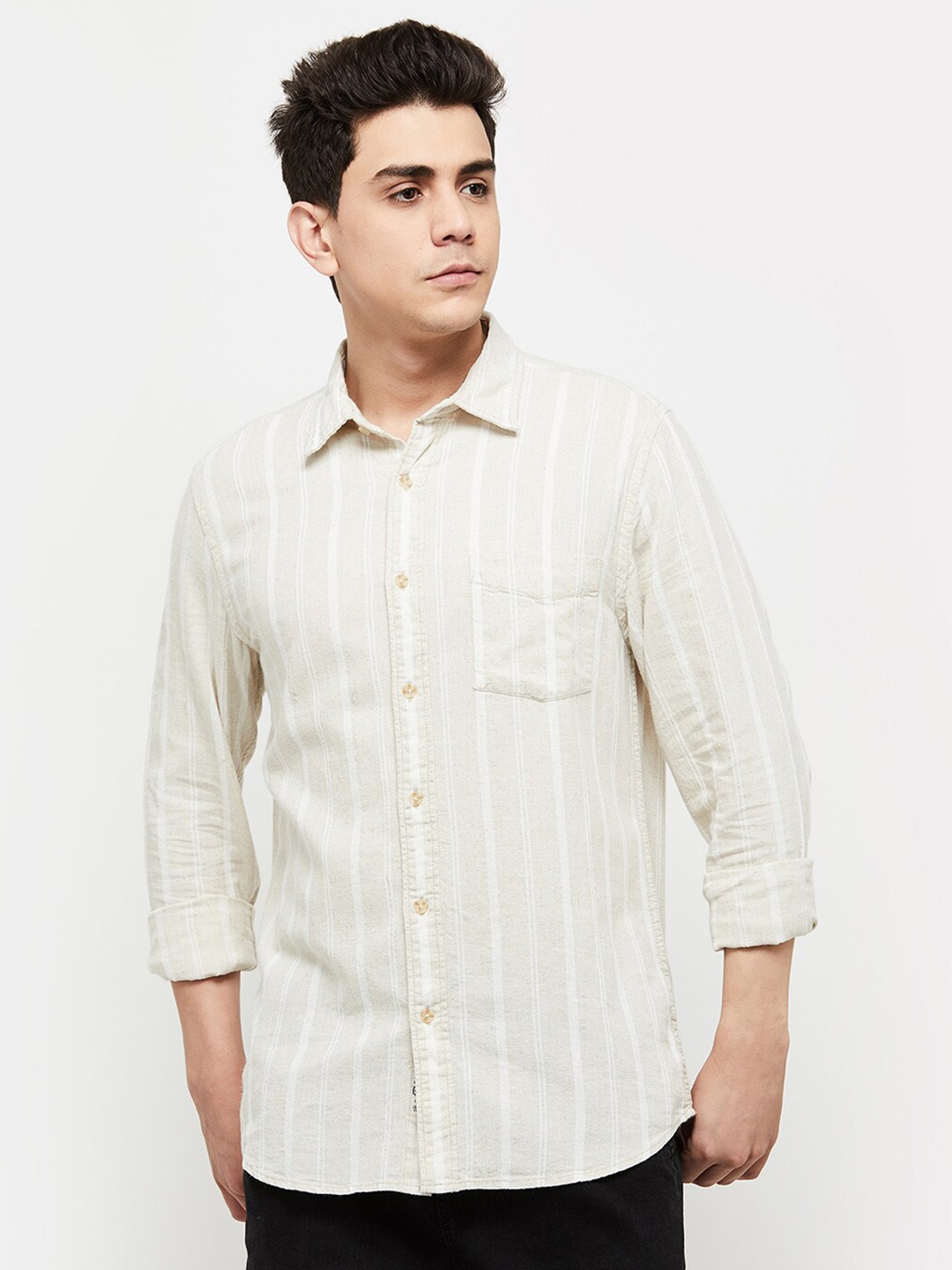

max Men Beige Striped Casual Shirt
