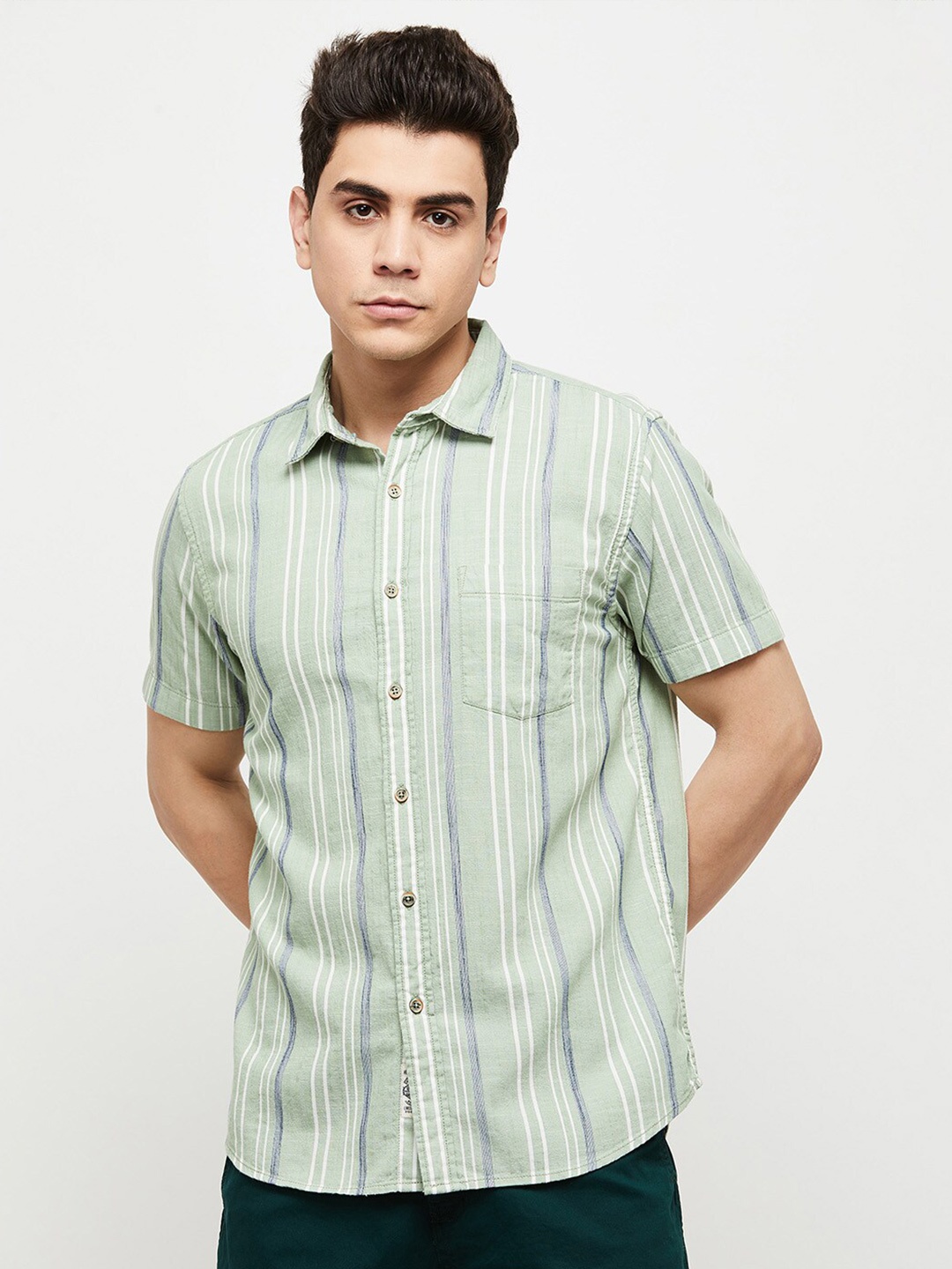 

max Men Green Multi Stripes Striped Casual Shirt