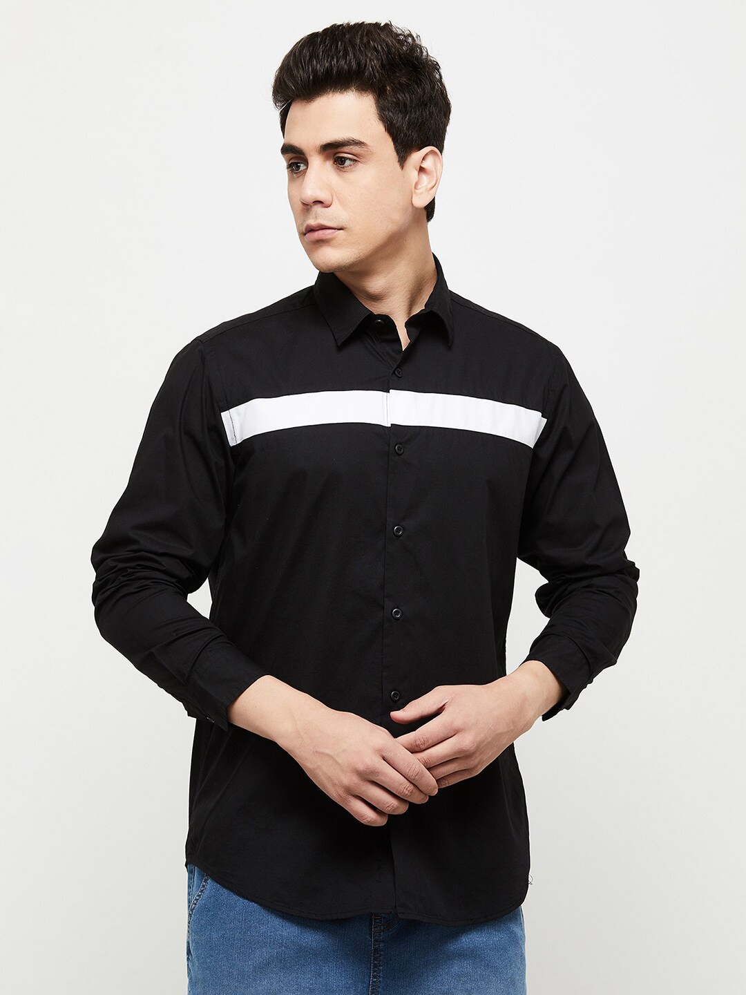 

max Men Black Horizontal Stripes Striped Casual Shirt