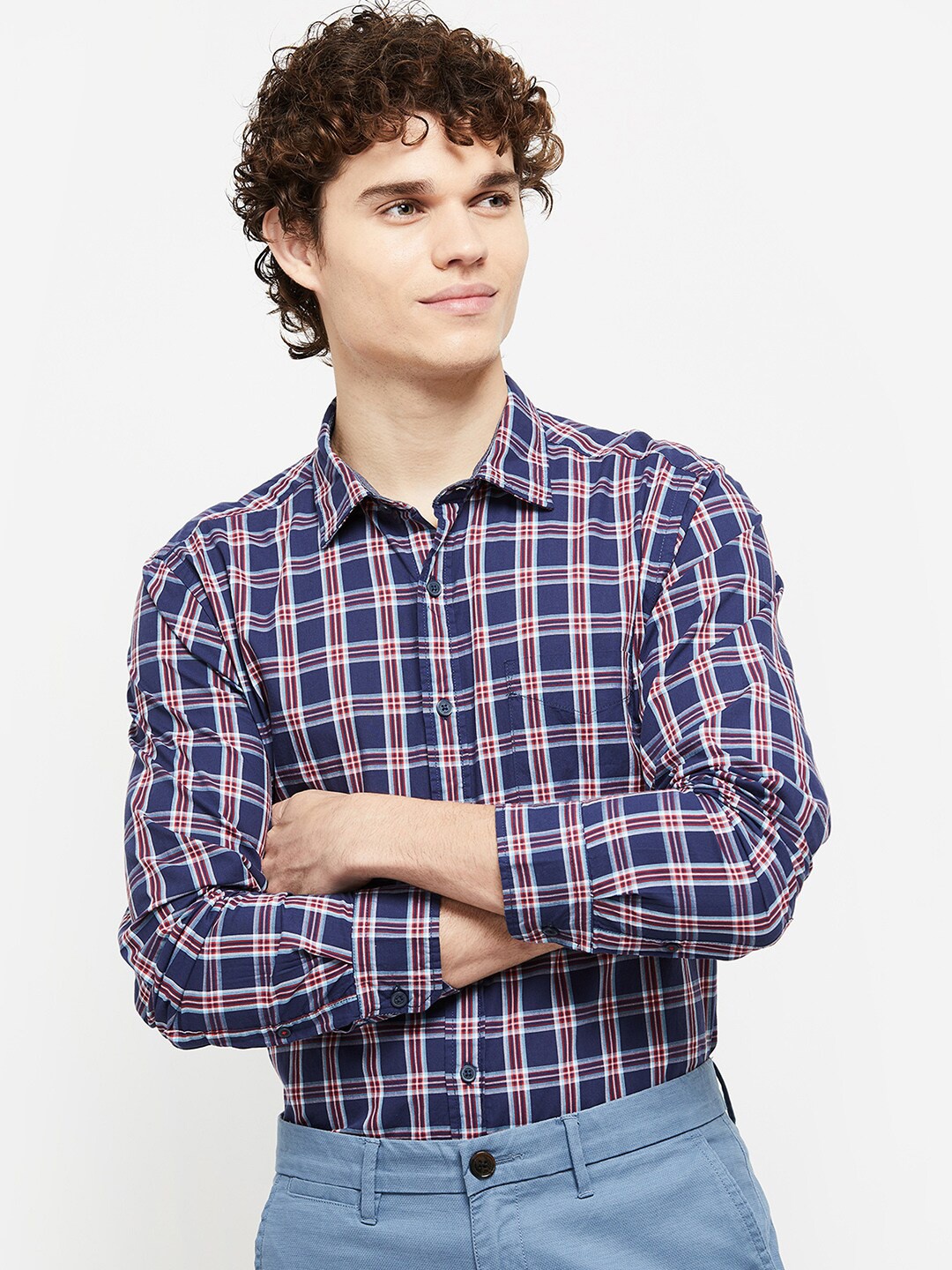 

max Men Blue Tartan Checks Checked Casual Shirt