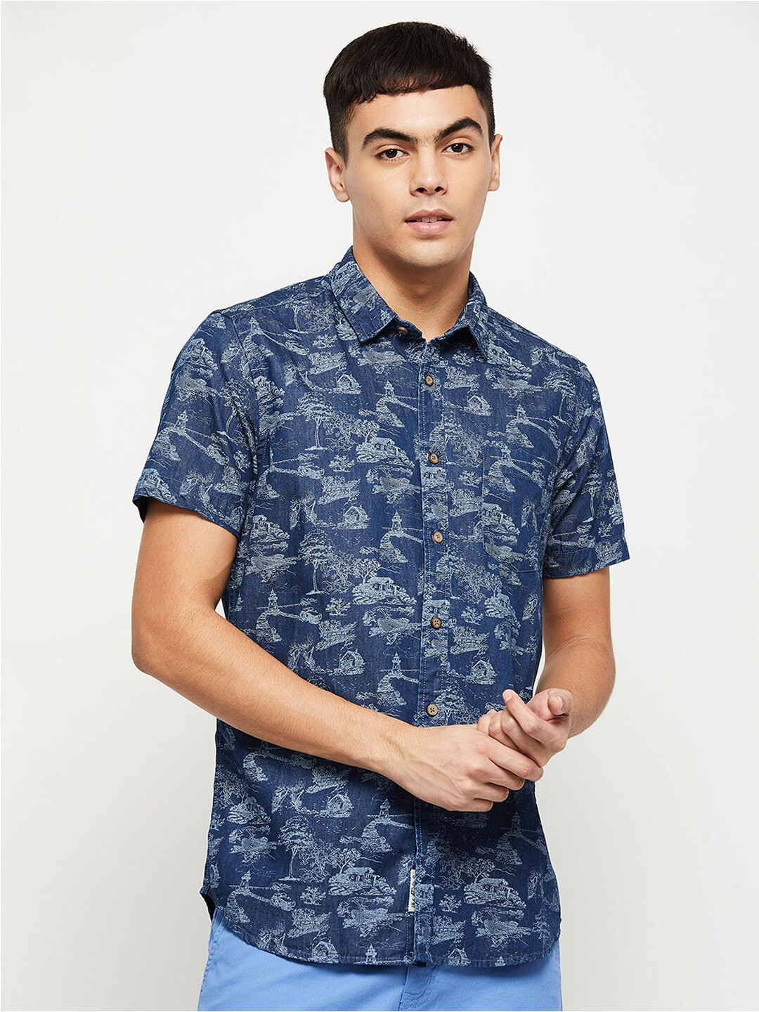 

max Men Blue Printed Casual Shirt