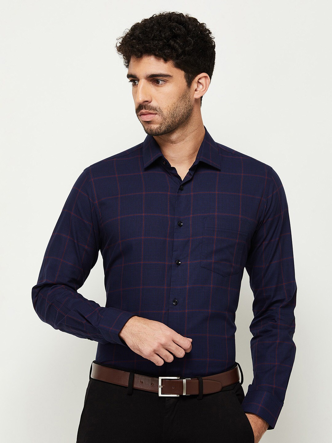 

max Men Blue Windowpane Checks Checked Formal Shirt